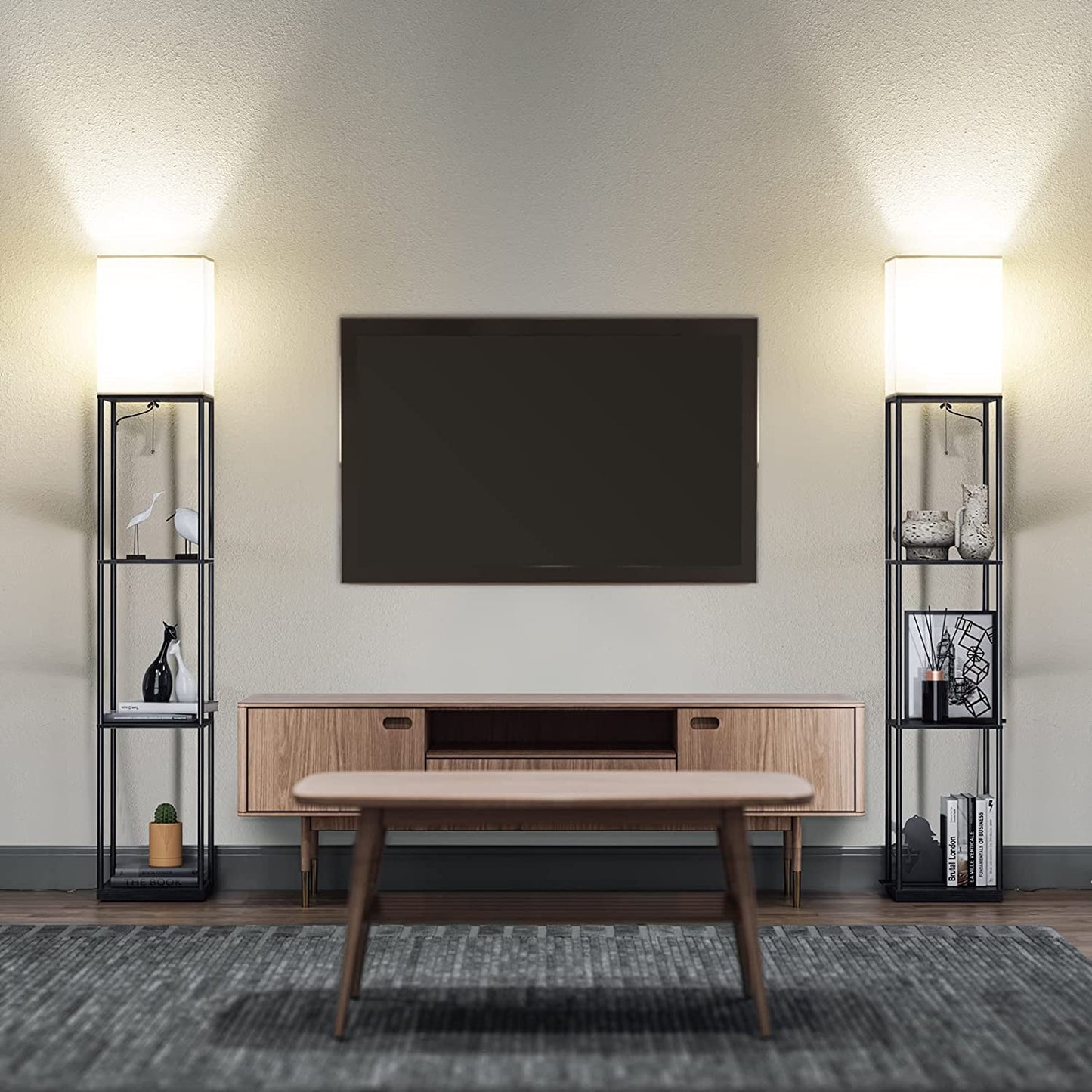 Modern Square Floor Lamp with Shelves and Adjustable Color Temperature Bulb for Living Room and Bedroom (Black)