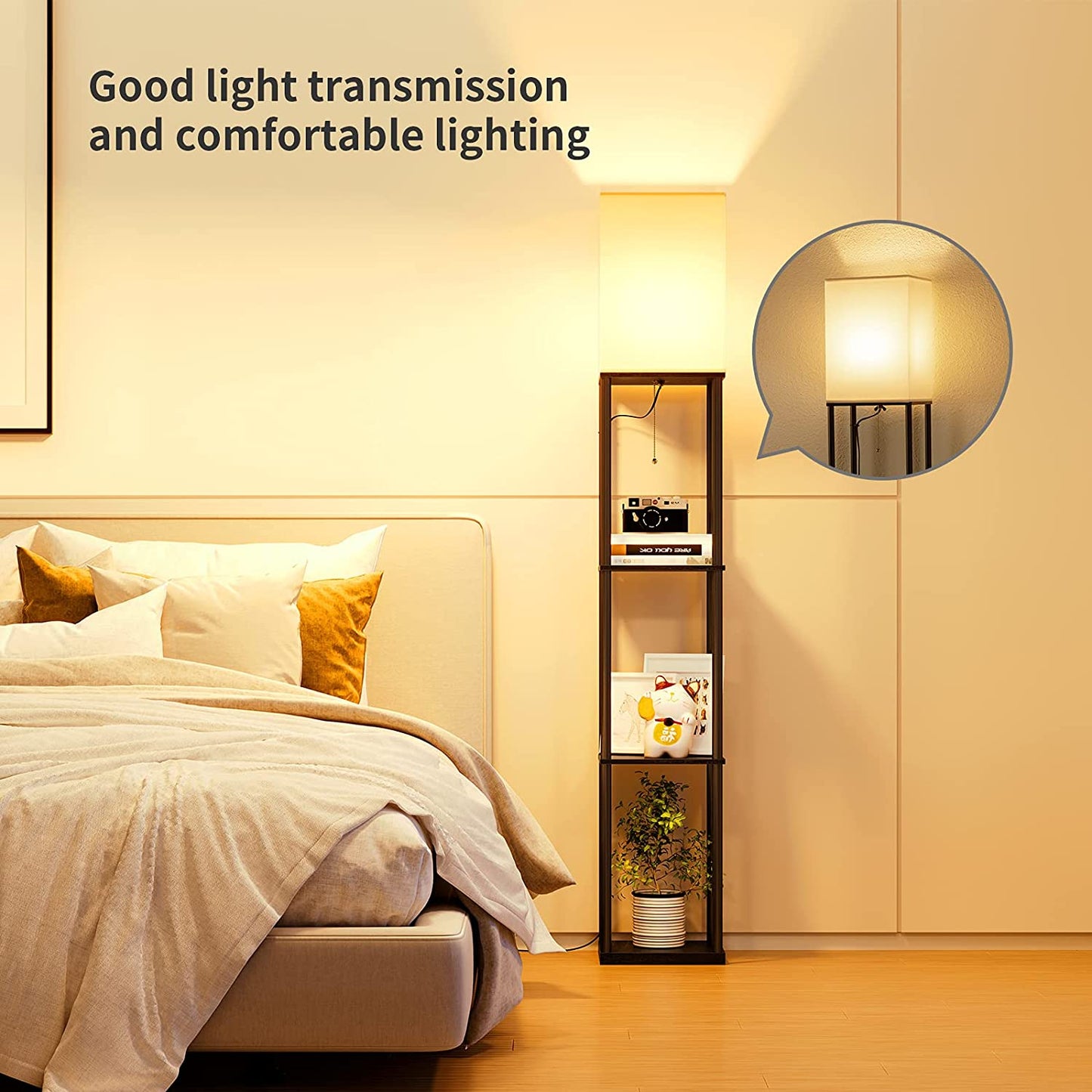Modern Square Floor Lamp with Shelves and Adjustable Color Temperature Bulb for Living Room and Bedroom (Black)