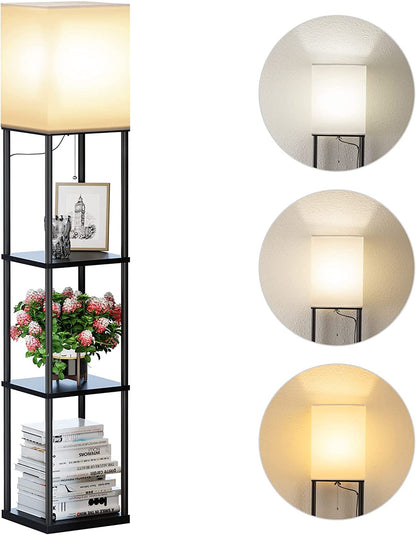 Modern Square Floor Lamp with Shelves and Adjustable Color Temperature Bulb for Living Room and Bedroom (Black)