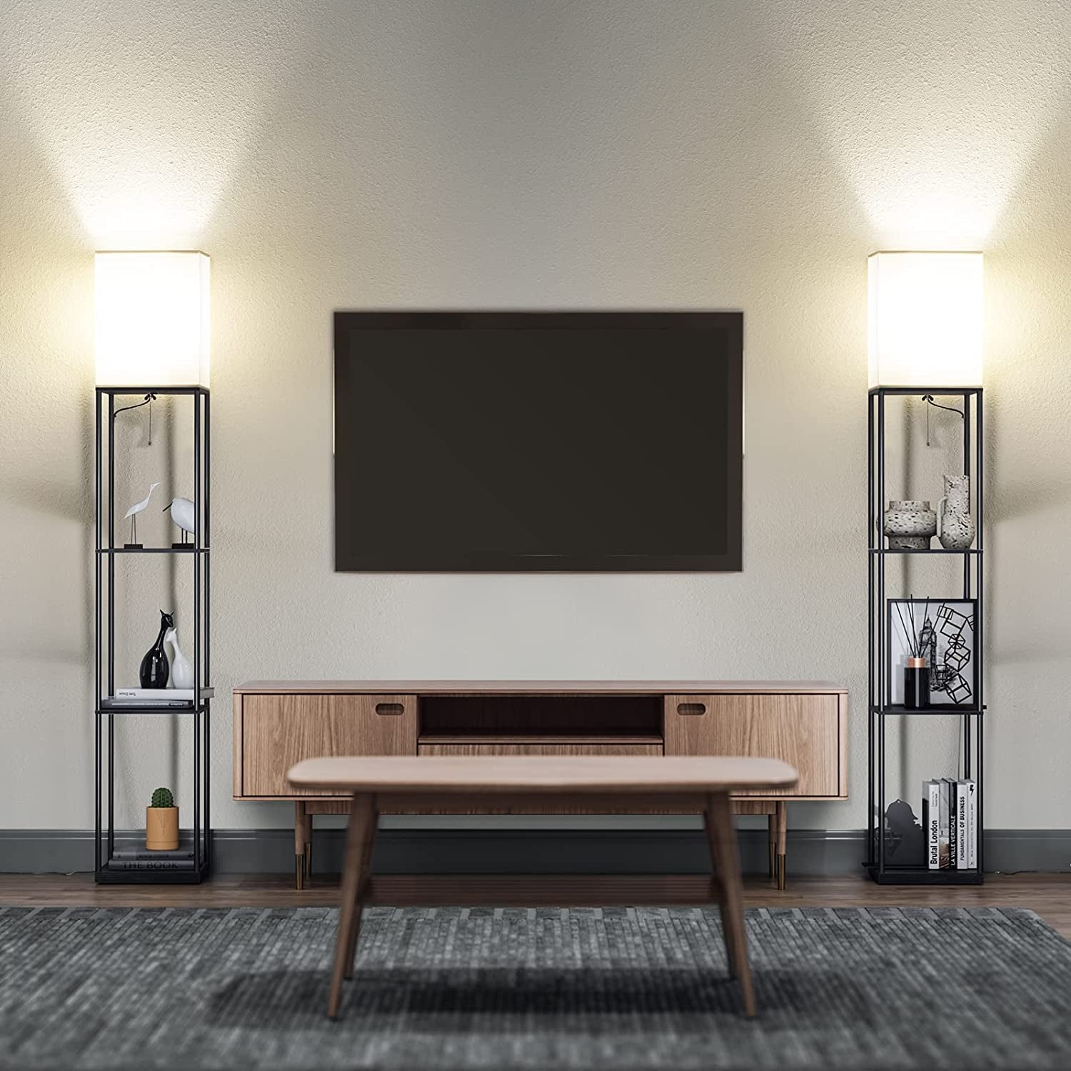 Modern Square Floor Lamp with Shelves and Adjustable Color Temperature Bulb for Living Room and Bedroom (Black)