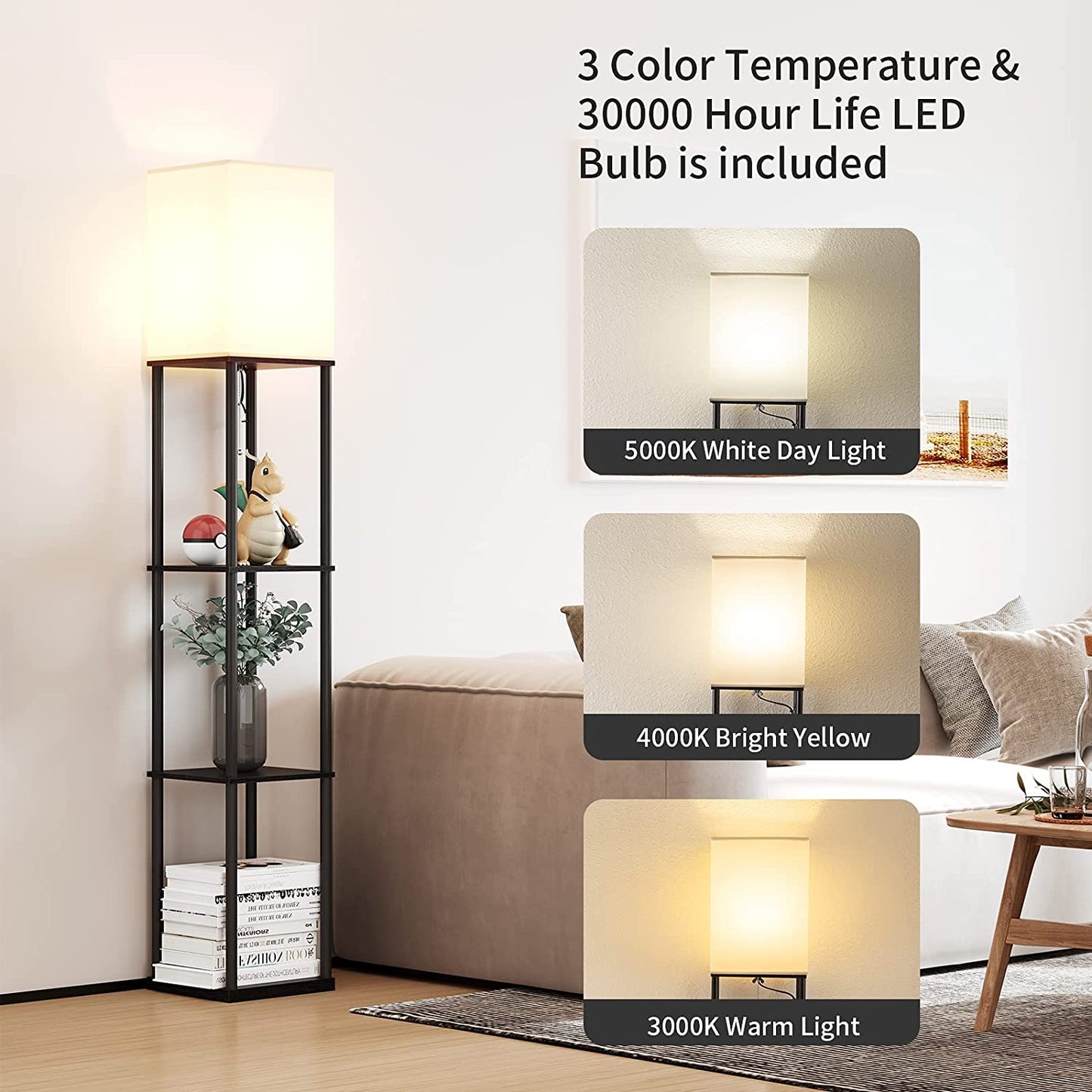 Modern Square Floor Lamp with Shelves and Adjustable Color Temperature Bulb for Living Room and Bedroom (Black)