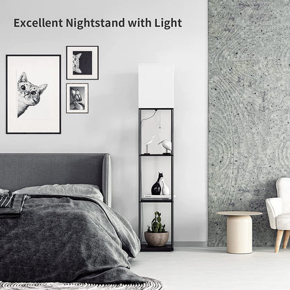 Modern Square Floor Lamp with Shelves and Adjustable Color Temperature Bulb for Living Room and Bedroom (Black)