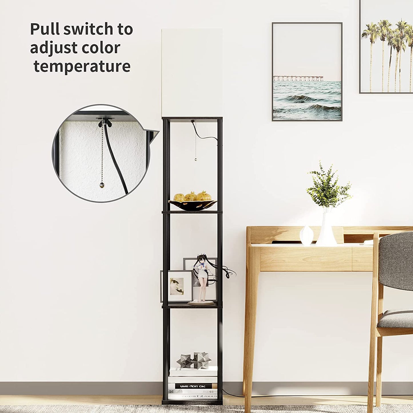 Modern Square Floor Lamp with Shelves and Adjustable Color Temperature Bulb for Living Room and Bedroom (Black)