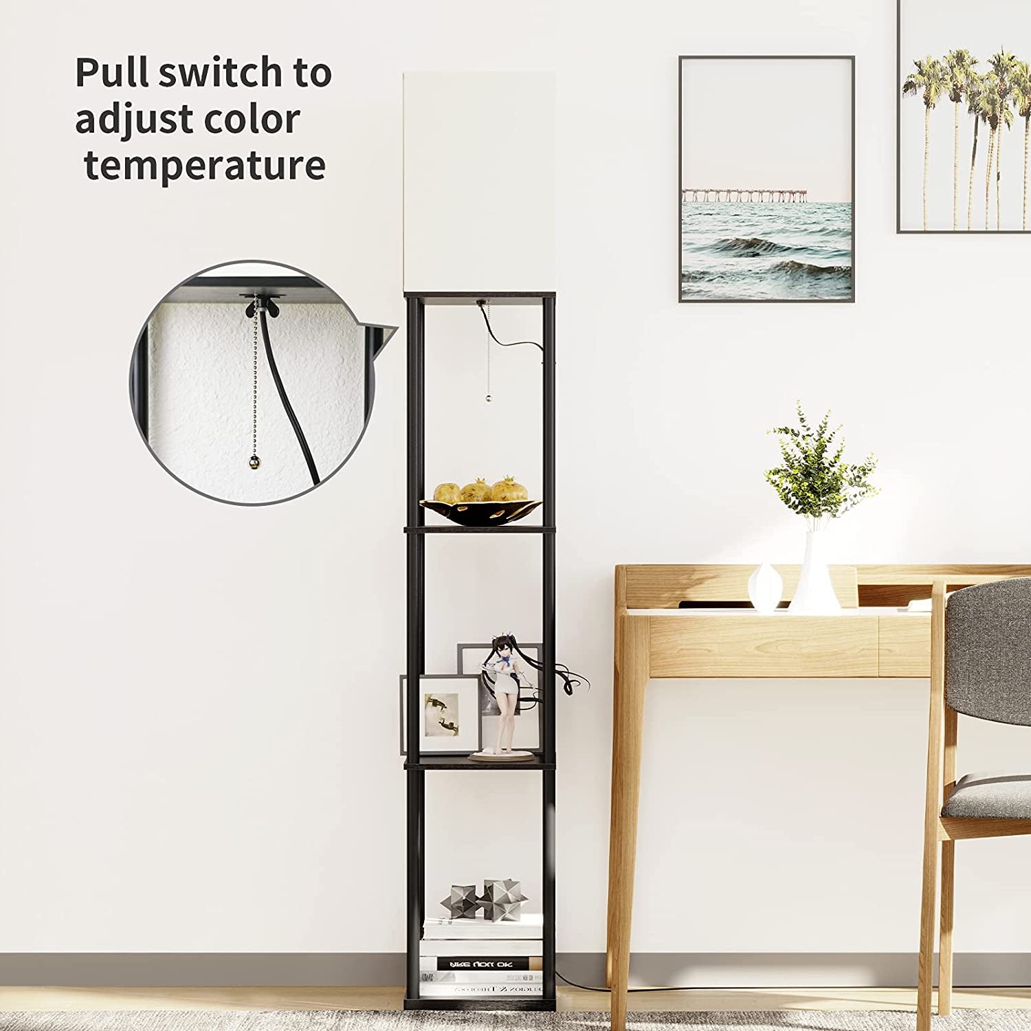 Modern Square Floor Lamp with Shelves and Adjustable Color Temperature Bulb for Living Room and Bedroom (Black)
