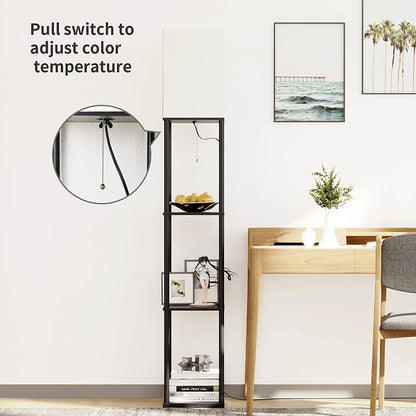 Modern Square Floor Lamp with Shelves and Adjustable Color Temperature Bulb for Living Room and Bedroom (Black)